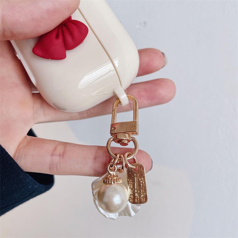 Bow Shell Earphone Case Cover | Cute Wireless Earbud Protective Case | Beige & Red Bow Pendant Charm