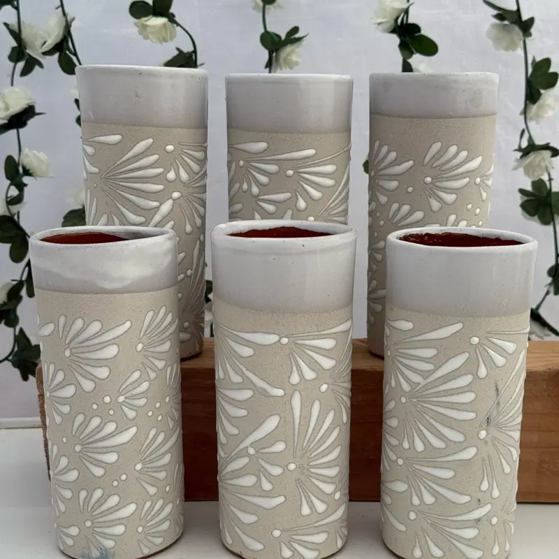 Barro White/White Talavera Design Terracotta Tumblers 6pc Handmade
