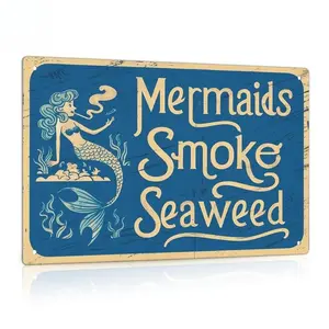 Mermaids Smoke Seaweed Vintage Tin Signs 8x12 Inch Heavy-Duty Aluminum Metal Coastal Wall Decor for Home Living Room Washroom Waterproof & Rustproof Mermaid Gifts