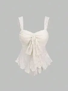 JADEE Sweetra Cropped Tube Top With Bowknot Textured Print