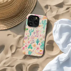 "Desert Doodle Dreams" Pastel Cowboy & Cactus Phone Case for IP Phone 17-X, Whimsical Western Floral Design, Supplier Warranty Included Compatible with Samsung Galaxy S25