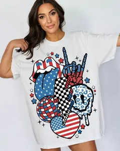GENERIC Women's Retro 4th of July Lady Top - Short-Sleeve Round Neck Fabric T-Shirt for Independence Day Sublimation Designs