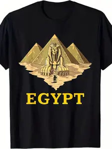 Men's Egyptian Pyramids & Sphinx Ancient Egypt T-Shirt - Retro Vintage Great Pyramid of Giza Graphic Tee, S-3XL Sizes, Comfortable Casual Short Sleeve Shirt for History Buffs & Tourists