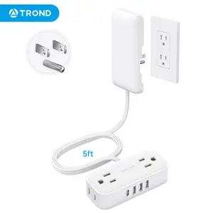 TROND 5FT Flat Plug Power Strip - 4 AC Outlets 4 USB Ports, Ultra Thin Extension Cord, 900J Surge Protector, Hidden Outlet Extender for Tight Spaces, 10A/1250W, White