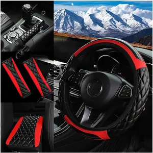 Car Accessories Set, 14.5-15" Leather Vehicle Steering Wheel Cover, Seat Belt Cushion, Gear Shift and Handbrake Cover, Center Console Protector, Universal for Truck SUV Van (Red)