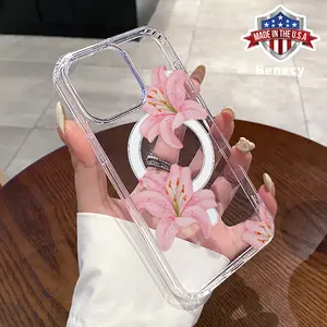 Minimalist Retro Lily Pattern Magnetic Phone Case for iPhone 15 16 14 Pro Max 13 12 11 XR XS Plus E Non-Yellowing Clear Crystal Drop-proof Slim Silicone Shockproof Transparent Acrylic Large Hole Cover Supports Wireless Charging