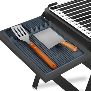 Silicone Griddle Tools Mat for Blackstone, Large Silicone Spatula Mat with Drip Pad, Grill BBQ Caddy Utensils Holder for Kitchen, Cooking & Countertop, Griddle Accessories for Blackstone Grey