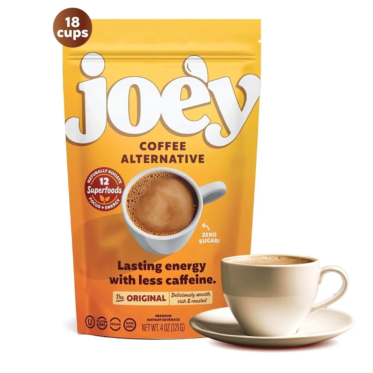 Joey Mushroom Coffee Alternative with Cacao Dandelion Root, and Chicory, Instant Mushroom Coffee Substitute with Superfoods, Vegan Gluten-Free Energy Drink for Focus and Calm, 18 Servings