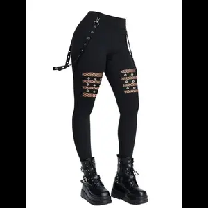 2025 Women's Gothic Pants Hollow Out Solid Color Gothic Pants Grommet Chain Embellishment High Waisted Long Skinny Pants