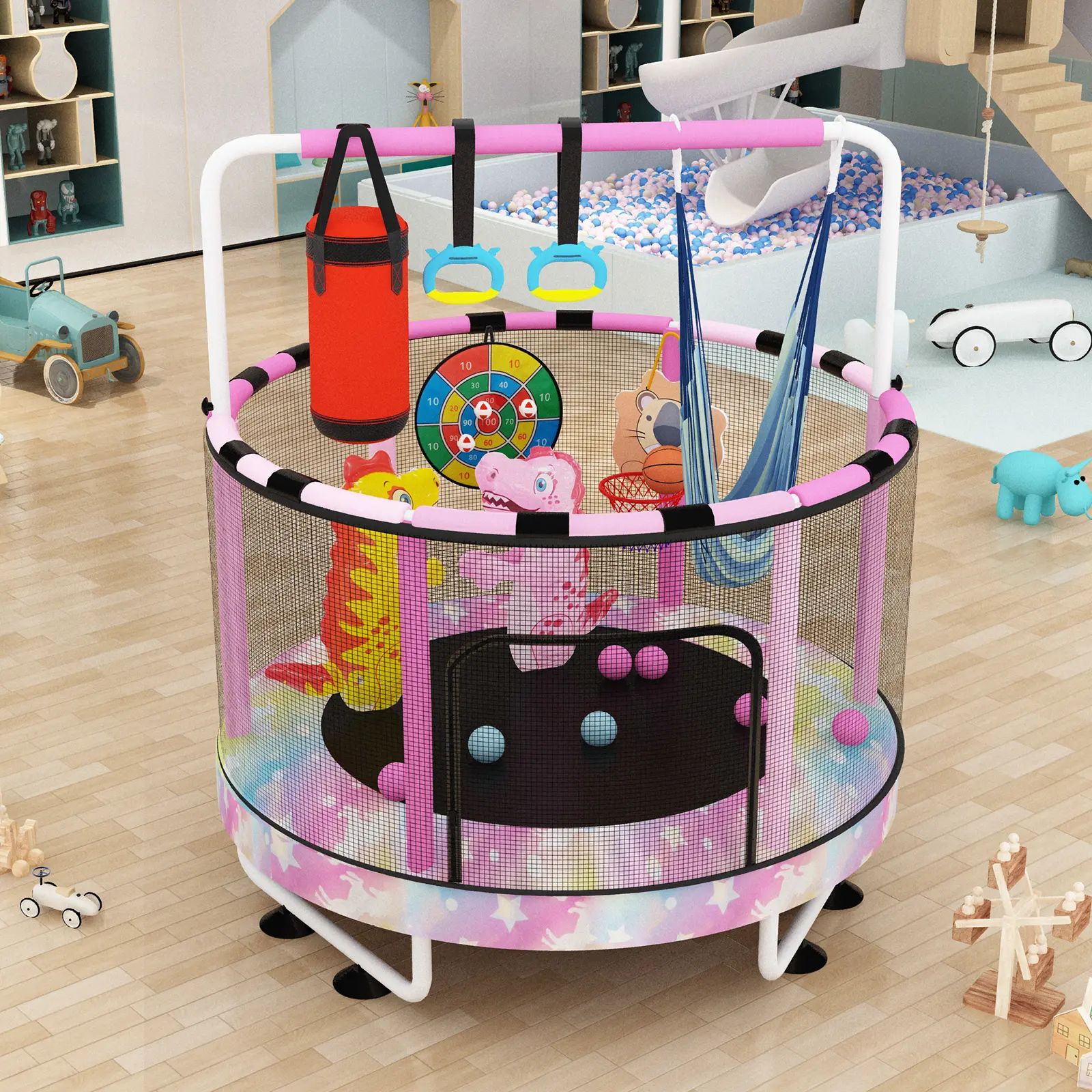 Lamerge 55" Kids Trampoline – 7-in-1 Play Set with Basketball Hoop, Swing, Rings & More – Indoor/Outdoor Gift for Boys & Girls summergarden Toddler Ball Pit Spikeball Set