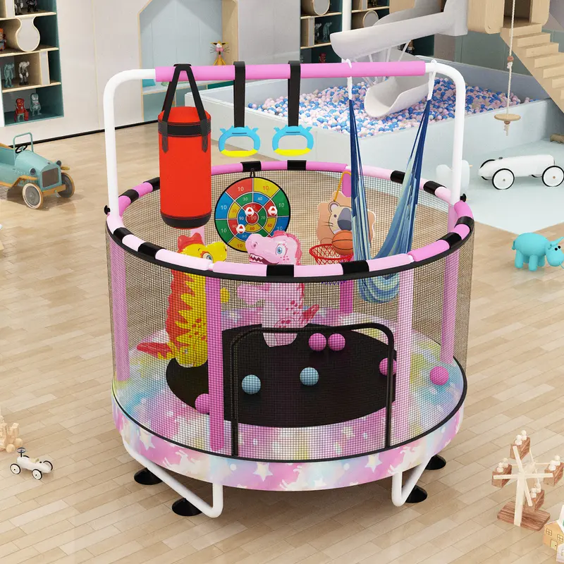 Lamerge 55-inch Kids Trampoline, 7-in-1 Multi-Play Set with Basketball Hoop, Swing, Hanging Rings, Dartboard, Ball Pit & Inflatable Toys for Indoor Outdoor Backyard Active Play, Durable Recreational Trampoline for Boys & Girls Ages 3+, 500LBS Capacity, Sa