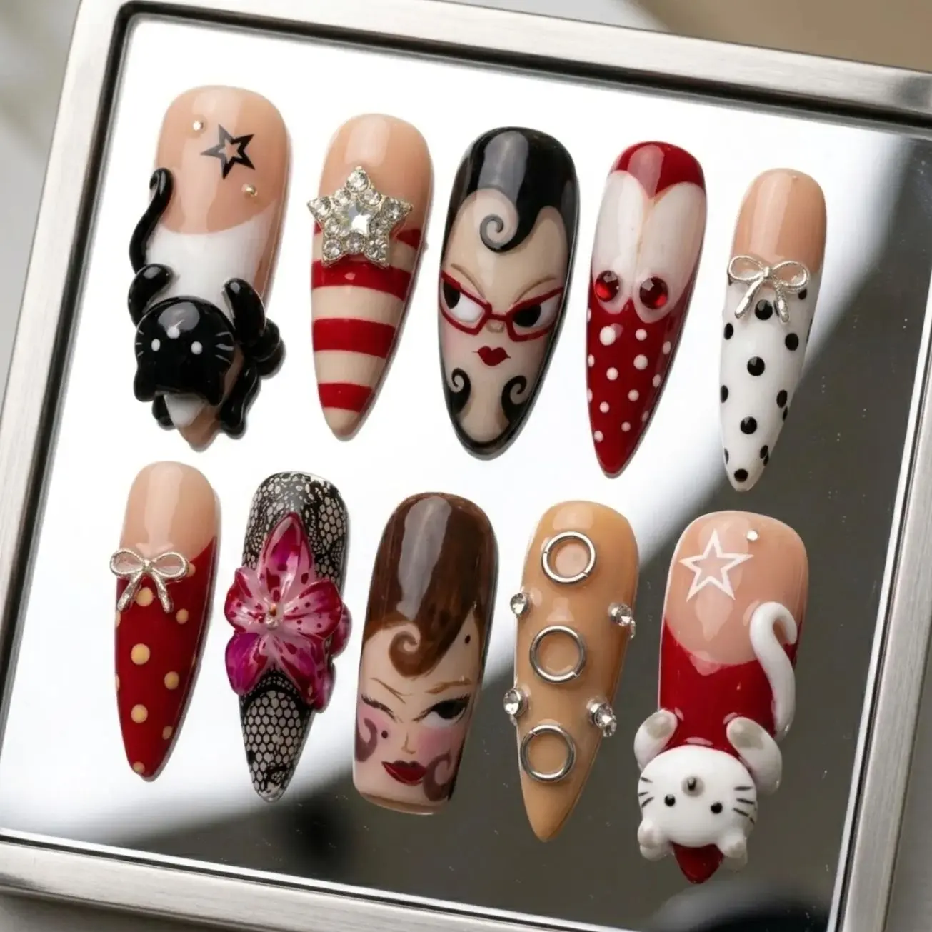 3D Rockabilly Stiletto Press On Nails, Retro Pin Up Cats, Polka Dot Mani