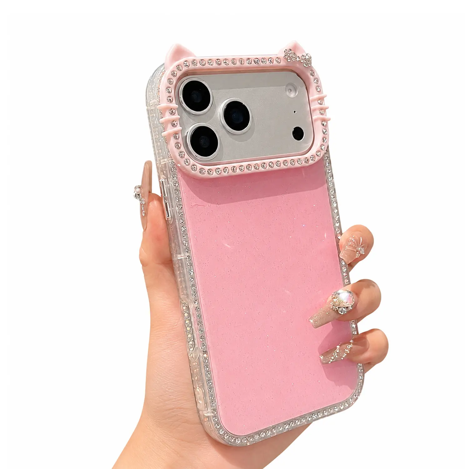 Double-Sided Diamond Cat-Ear Glitter Phone Case for iPhone 17/16/15/14/13/12/11 Pro, Pro Max, Air Plus - Cute Kawaii Cover for Girls,back to school,back to school haul