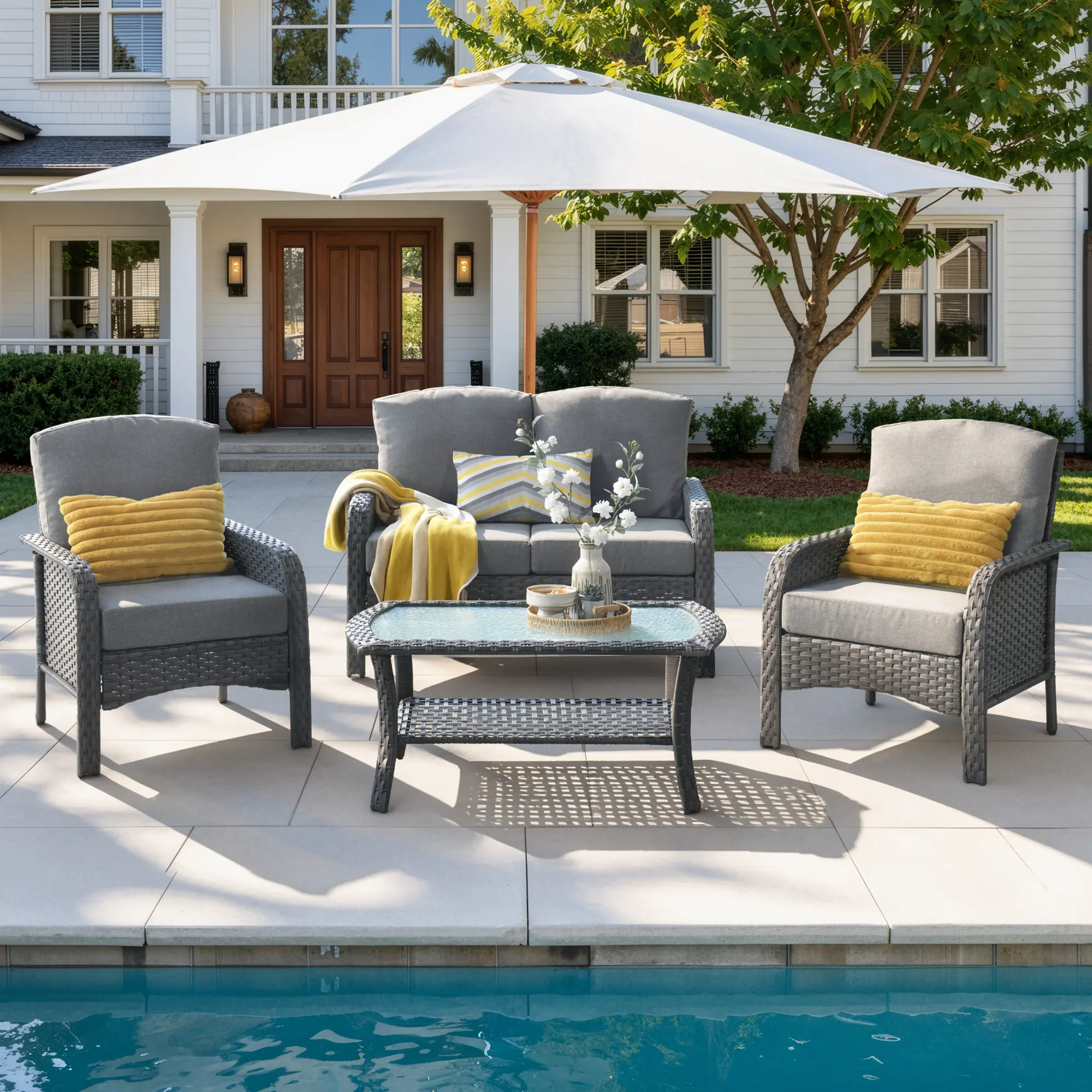 【Summerfinds】Ovios 4-Piece Outdoor Patio Furniture Set with High-Back Cushions & Coffee Table, All-Weather Grey Wicker Conversation Set for Backyard, Porch, Deck, Garden & Poolside Rattan Sofa Set