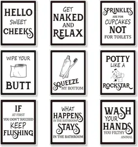 9 Pieces Bathroom Wall Decor, Funny Vintage Bathroom Signs Washroom Quotes Sayings Art Prints Washroom Posters for Wall Restroom Toilet Decoration Pictures, Unframed(Black Font)