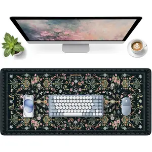 Elegant Floral Desk Mat,  Aesthetic  Pad Black, Flower  Extended Desk Cover Mat, 35.4" x 15.7" Non-Slip  Pad,  Desktop Protector for Office, , School