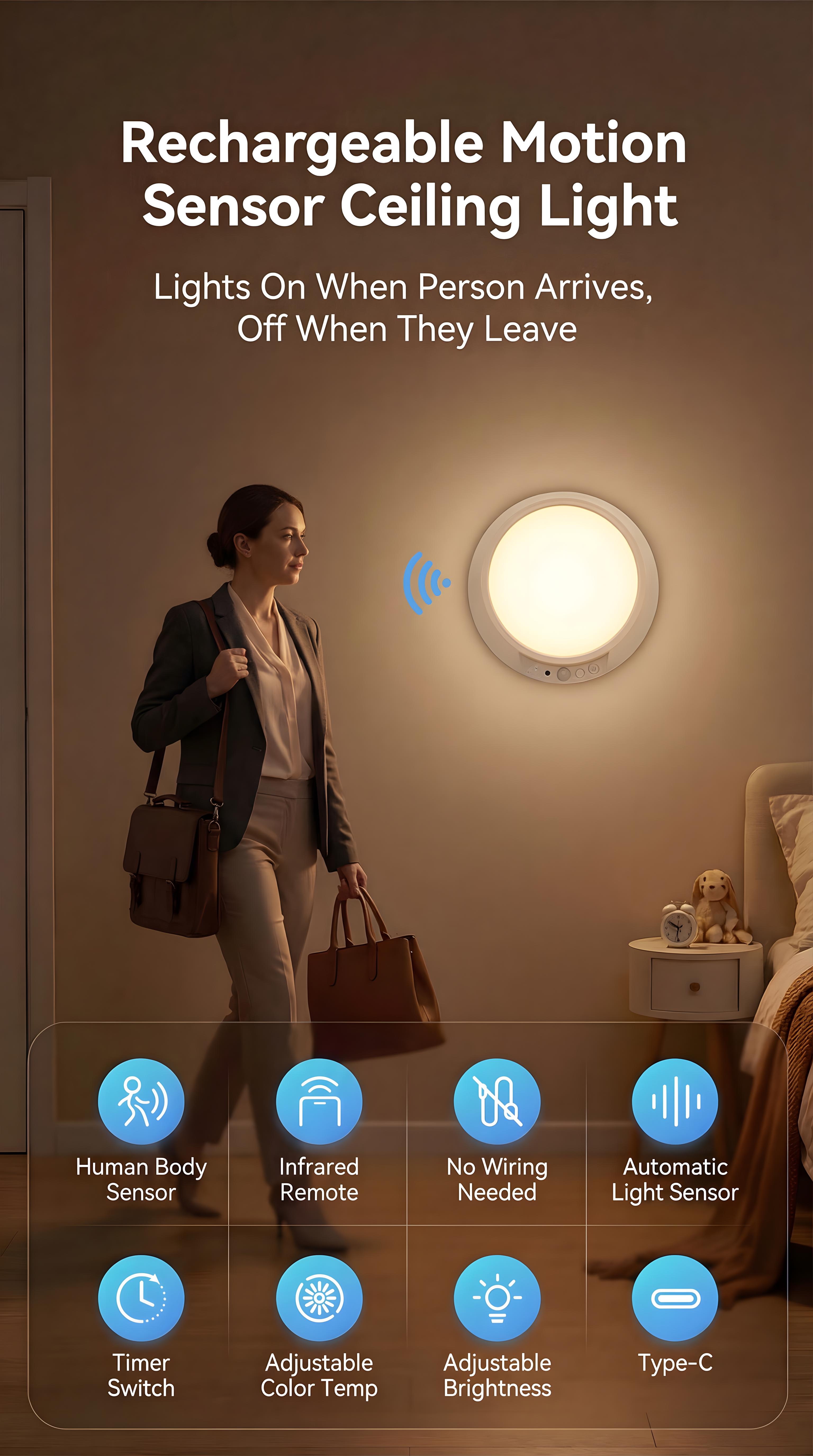 Rechargeable ceiling light with motion sensor and remote — magnetic wireless battery-powered LED light, dimmable with three color temperatures, timer, motion-activated, suitable for closets, showers, hallways, and pantries