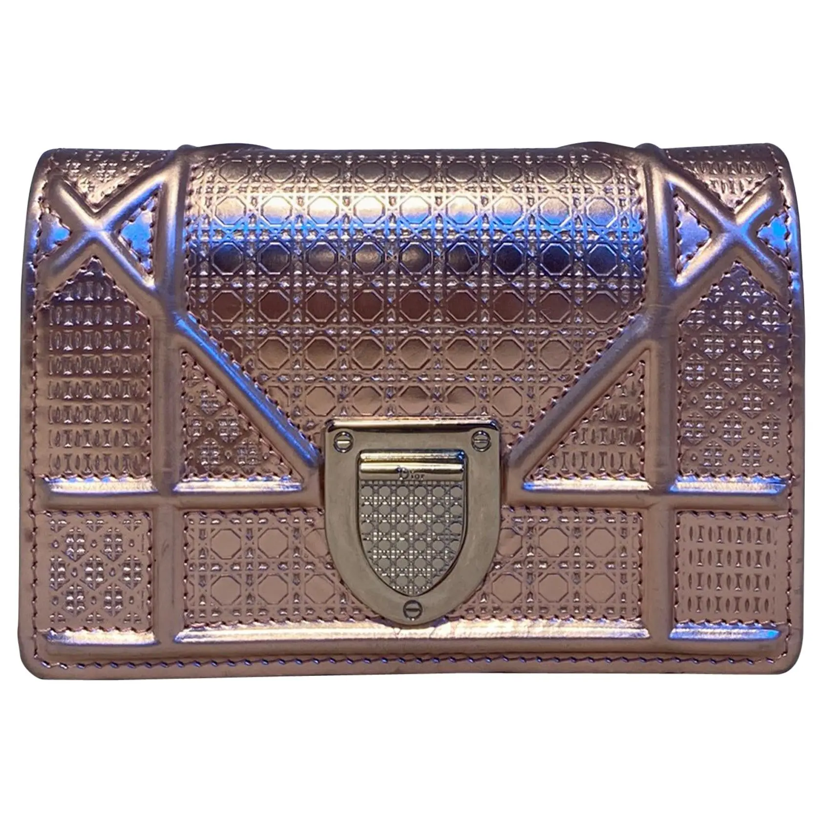 Pre-owned Dior Embossed Leather Clutches & Wristlets CHRISTIAN Pink Metallic Mirco Cannage Baby Diorama Bag