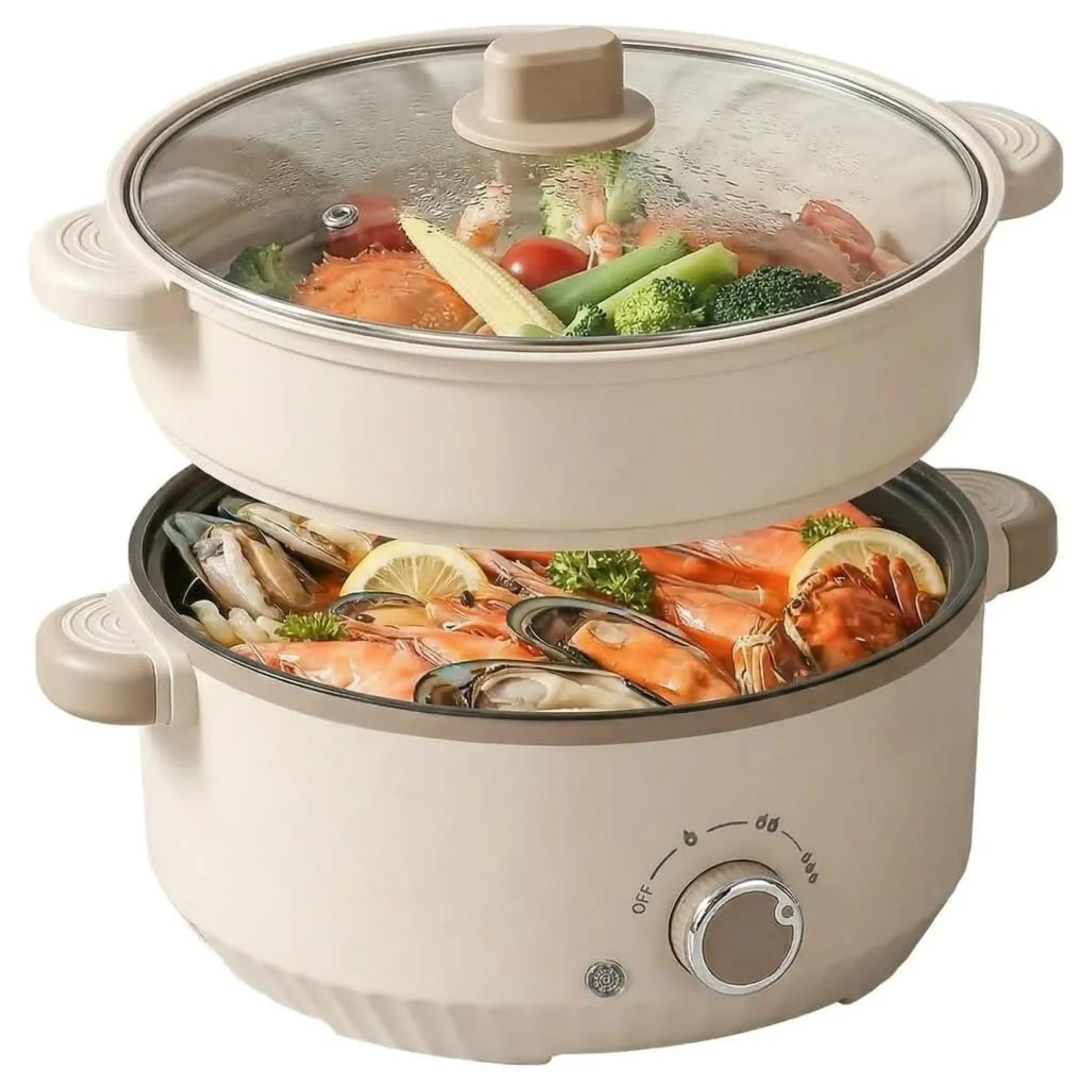 2.5L Real Capacity Electric Hot Pot with Steamer Basket and Glass Lid, Nonstick Ramen Cooker Multicooker for Dorm, Apartment, Office, Soup, Noodles, Steaming, Boiling, Stewing and Hot Pot