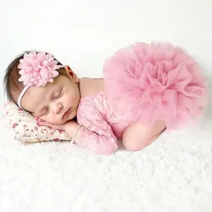 Newborn Photography Outfits Girl, Baby Girl Photoshoot Props, Newborn Lace Romper with Headband for Photo