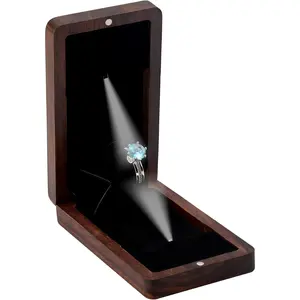 Wooden Engagement Ring Box For Proposal Valentine's Day Jewelry Gift Box Wood Rotating Wedding Day Ring Box With Led Light Gift Packaging(Black Walnut)