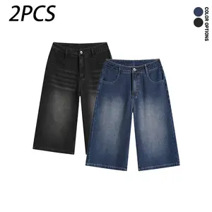 Pack of 2: men’s summer denim shorts, vintage washed distressed design with pockets, belt-friendly loose fit for everyday wear and sports.