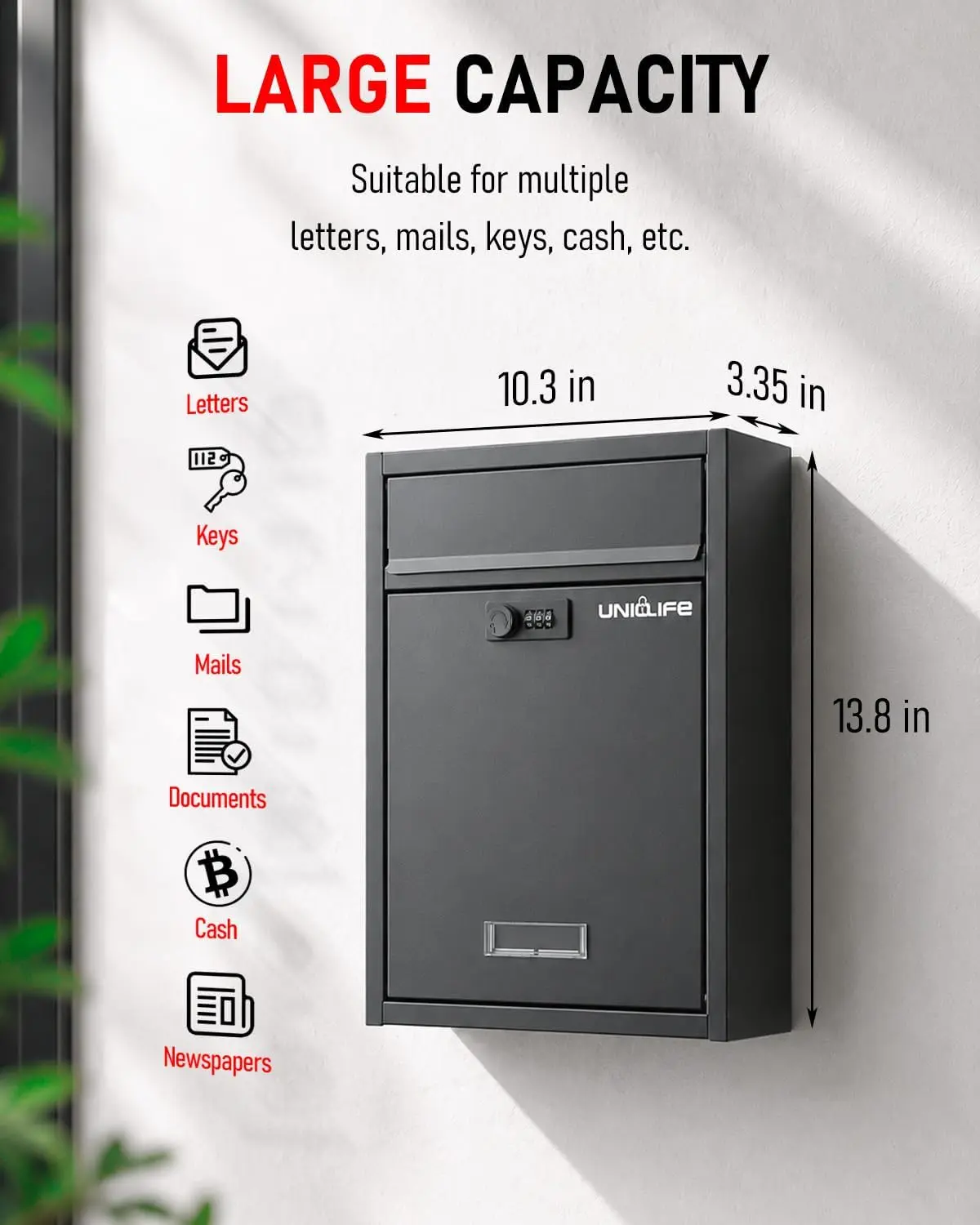 Wall Mount Locking Mailbox Outside - Large Steel Combination Lock Post Box Heavy Duty Mail Cash Drop Box for Home Office School Black
