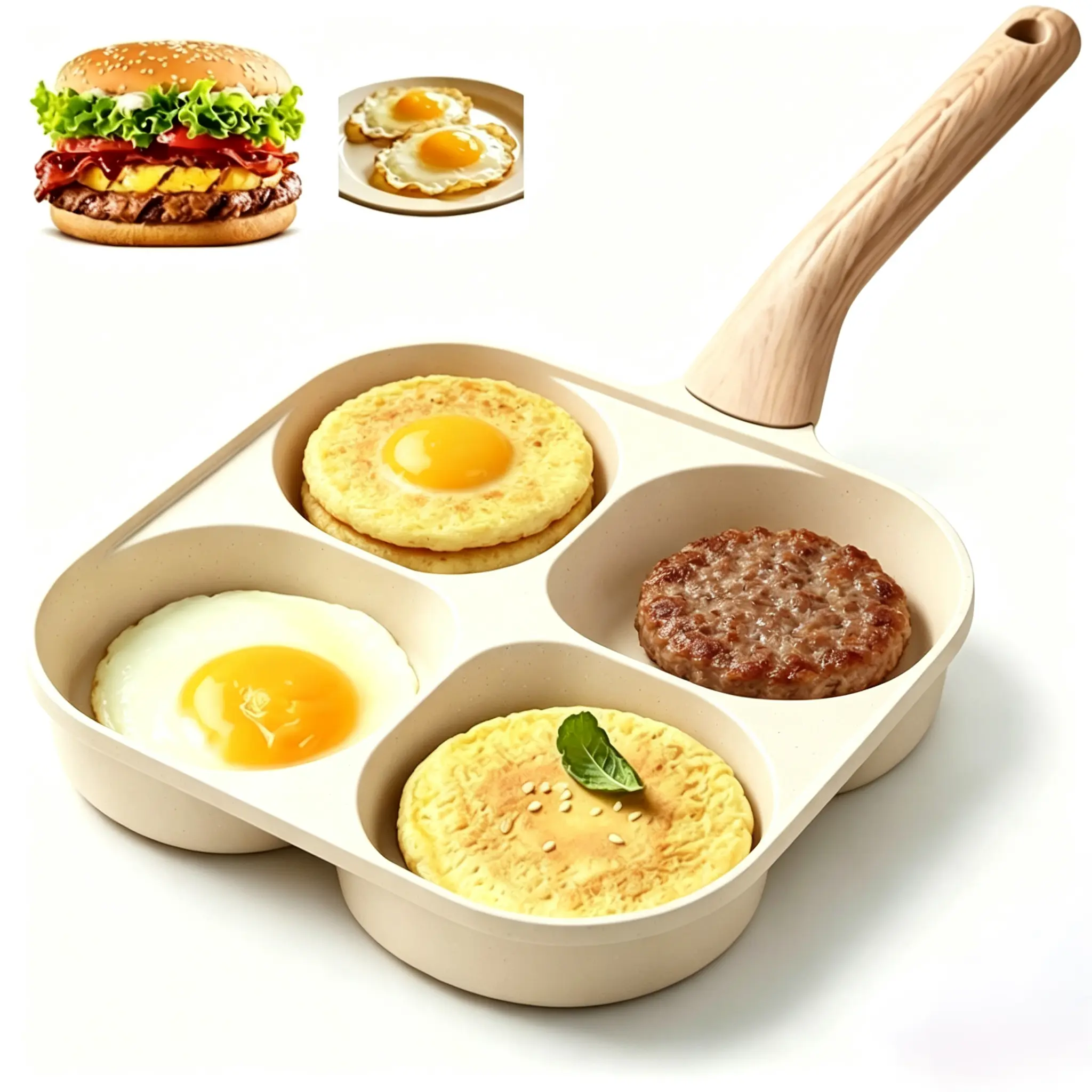 Non-stick Egg Frying Pan–4 Holes Skillet with Wooden Handle, Egg pan fast pan,Multifunctional ,Medical Stone Omelet Non-stick Cookware Easy Clean , Genuine Non-Stick Material,Suitable for all types of stoves Nonstick Sheet Pan Nonstick Set  quick cooking
