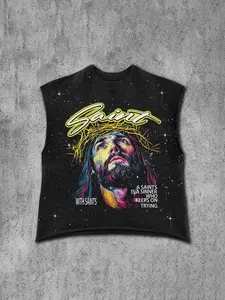 Men's Sleeveless Vest Tank Top, Colorful Jesus Saint Graphic Print, Long Starry Fabric, Fitted Fitness Streetwear, Casual Daily Wear, Trendy and Comfortable