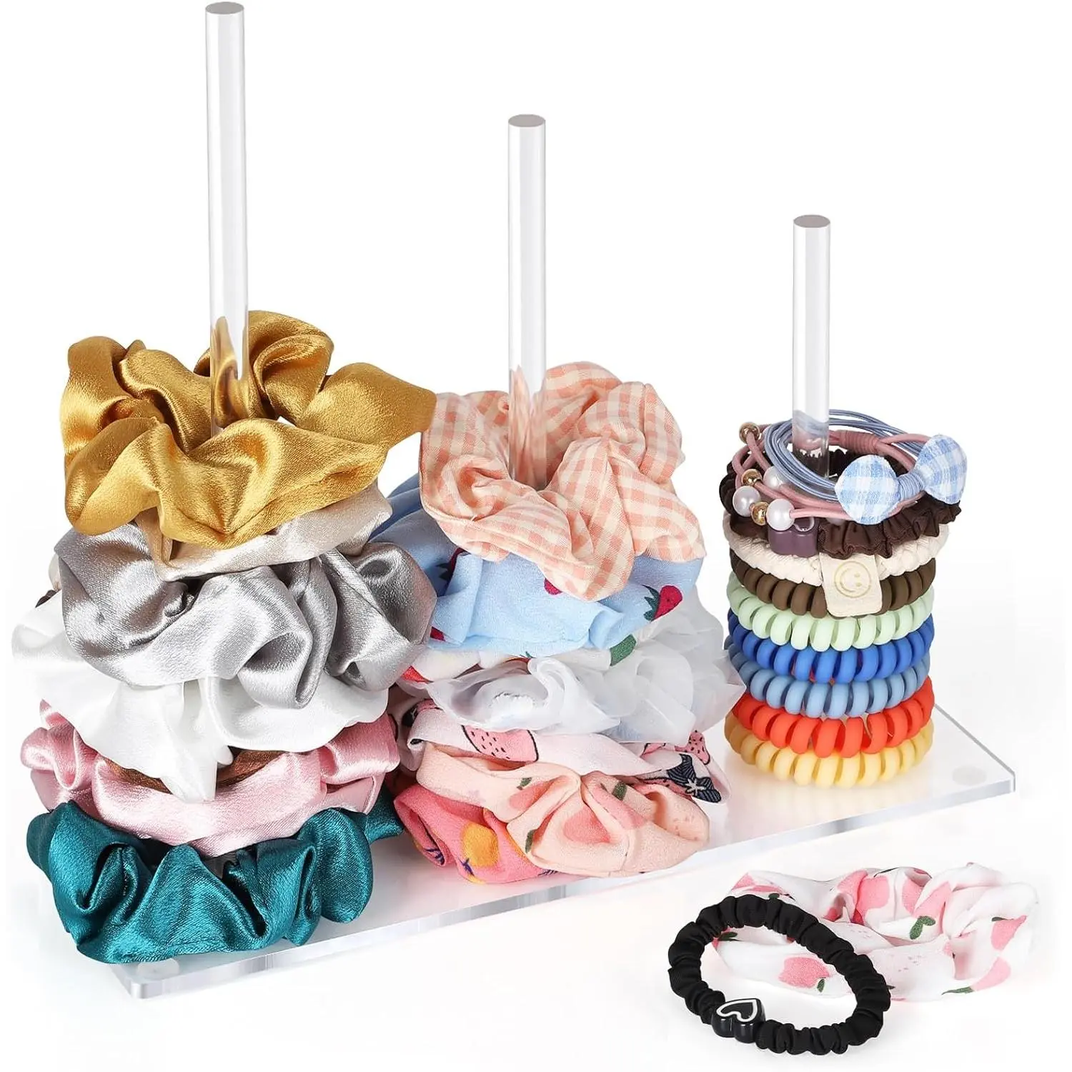 3-Tiers Scrunchie Holder Stand, Acrylic Hair Ties Organizer, Clear Hair Bands Tower, Hair Elastics Storage Organizer, Hair Accessories Organizer, Scrunchie Display Holder for Women and Girls