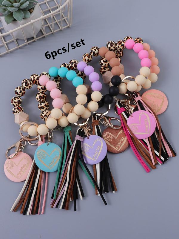 Fashion Leopard Print Beaded & Tassel Decor Keychain, Cute Heart & MAMA ...