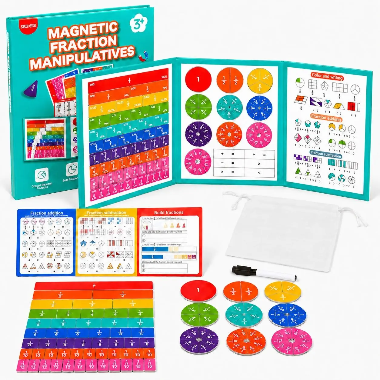 Magnetic Fraction Educational Puzzle – Fraction Demonstration Book with Tiles & Circles, Hands-On Montessori Math Manipulatives for Elementary School, Fun Visual Learning Tool for Kids (Grades K-3) Teaching Supplies