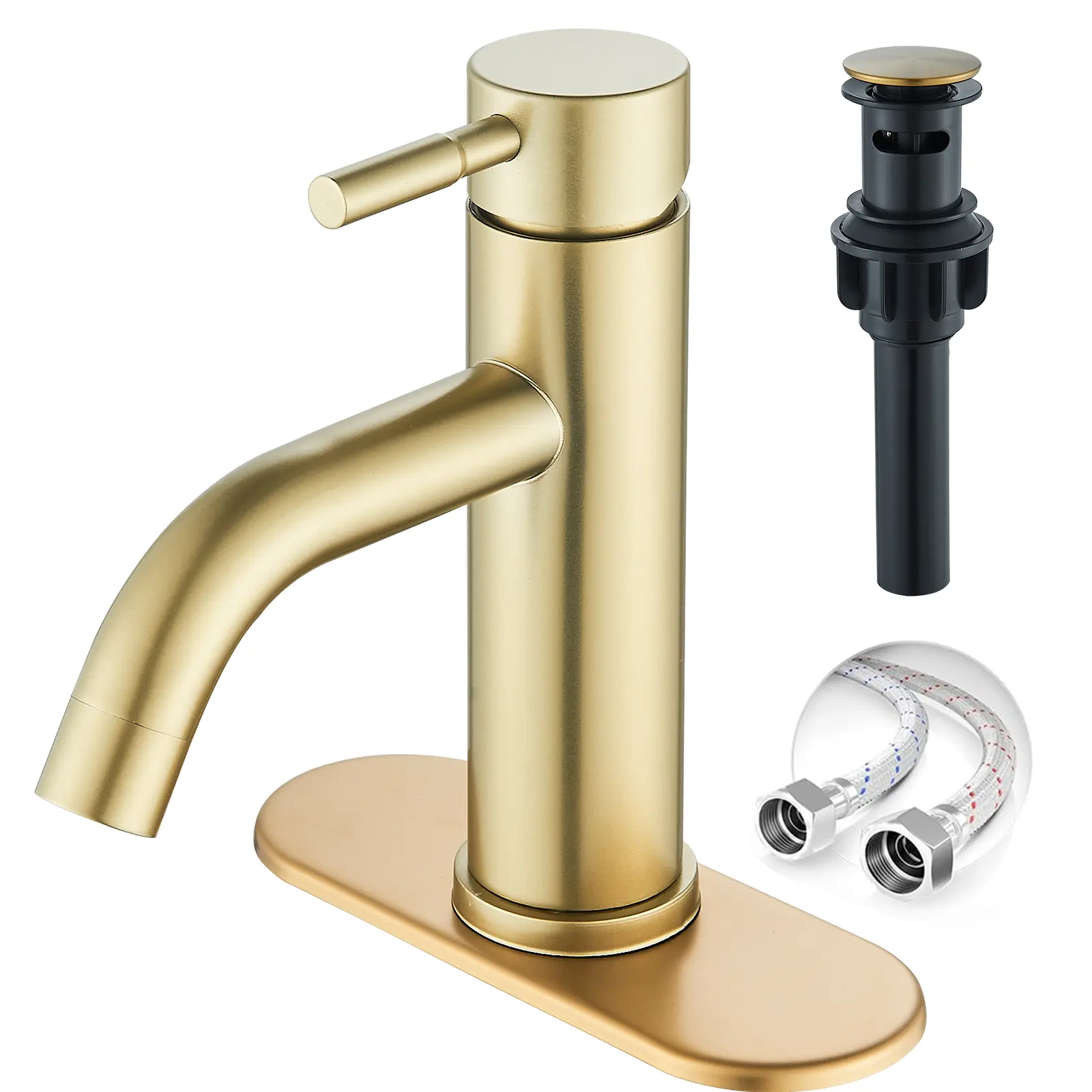 Brushed Gold Bathroom Faucet, Single Hole Bathroom Sink Faucet with Pop-up Drain and Flexible Hoses, Single Handle for Sink, Vanity, RV, Modern Farmhouse, Suitable for 1 Hole or 3 Hole