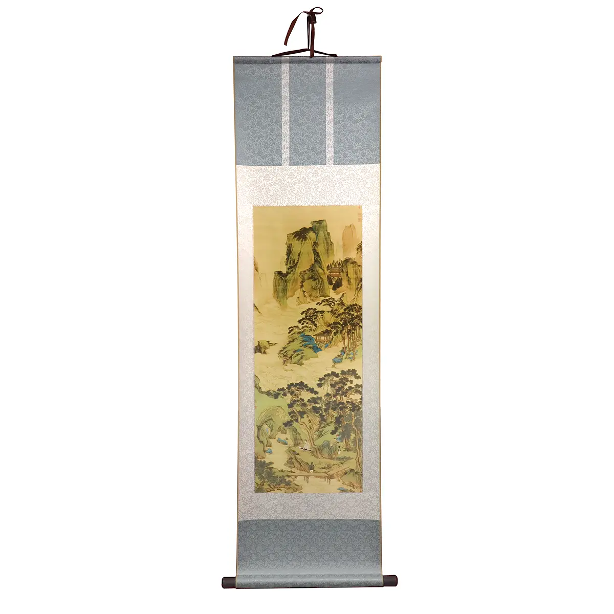 Chinese Wall Scroll of Qiu Ying's 'Jade Cave Immortal Source', a Silk-Like Blue-Green Landscape Painting with Solid Wood Rollers for a Stable Career, Smooth, Mountable, Heaven, Home Decor, Gift Box, Fabric, Room, Traditional, Hanging