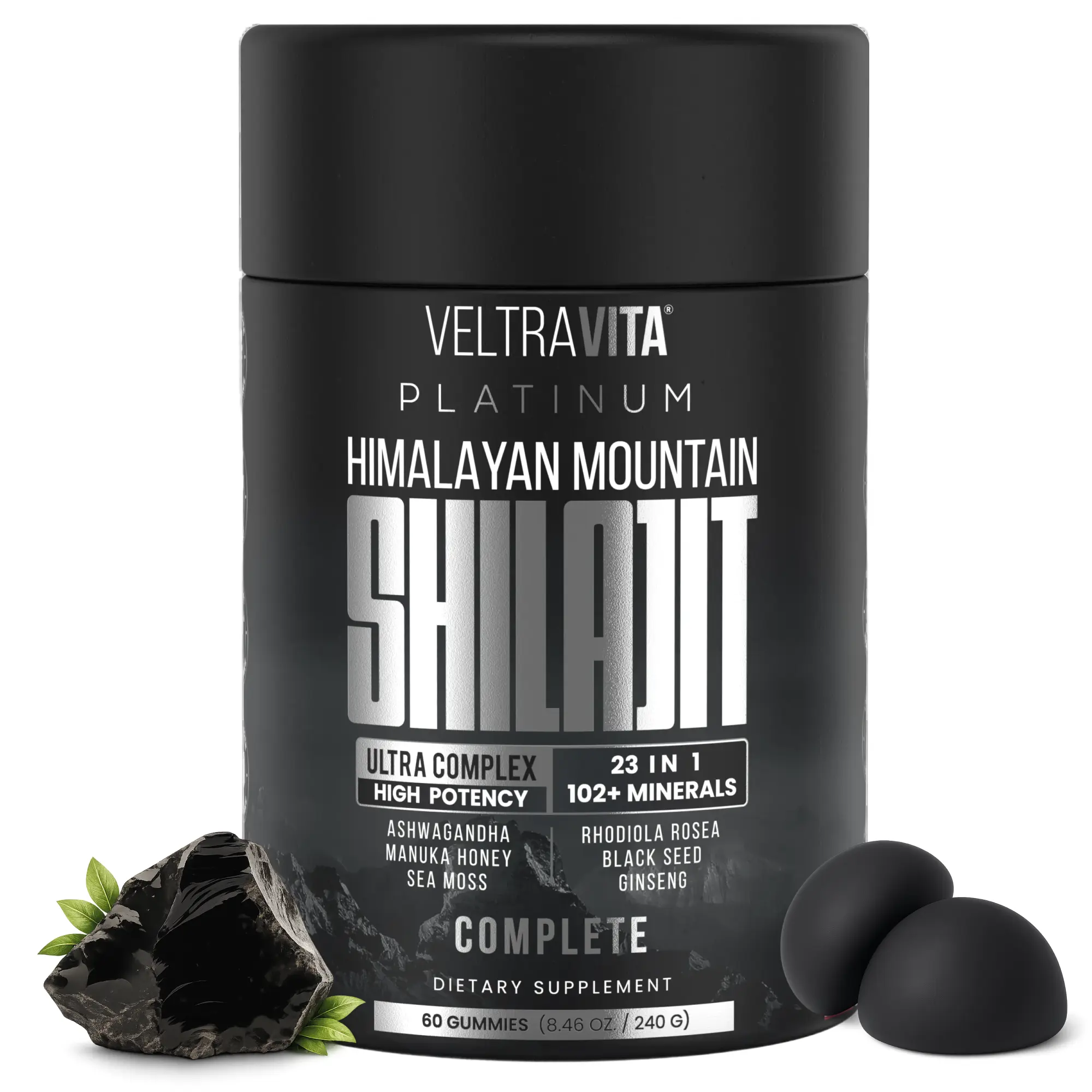 VELTRAVITA 23-in-1, Himalayan Shilajit Gummies, Ashwagandha, Irish Sea Moss Gel, Black Seed Oil, Manuka Honey Medical Grade, Tongkat Ali, Rhodiola Rosea, No Sugar, Lab Test