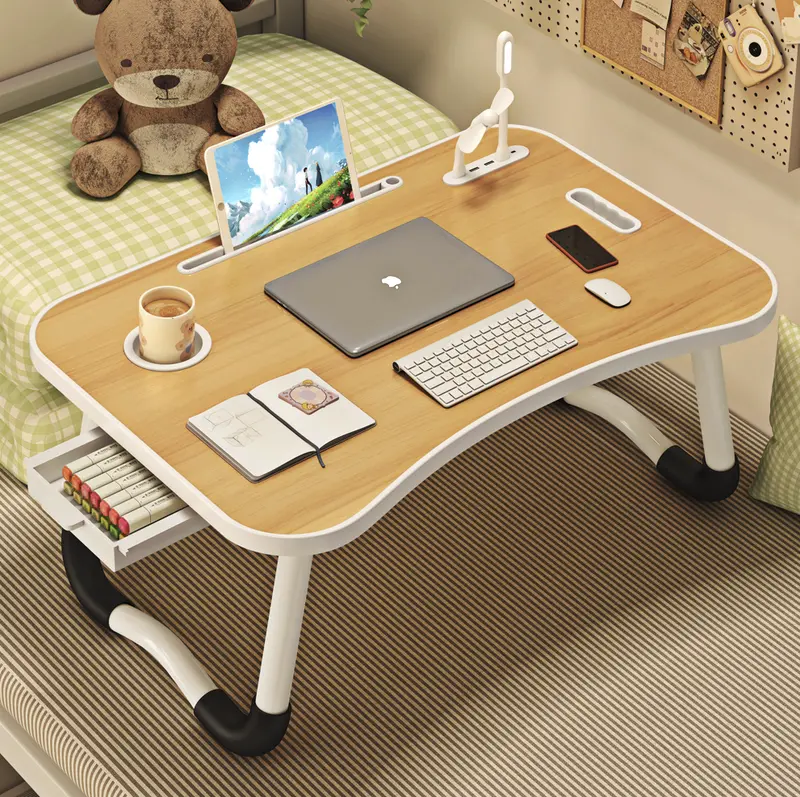 UNICOO Foldable Laptop Stand - Portable Desk with USB Charge Port, Cup Holder, Tablet Slot, Side Drawer, Ideal for Home & Office Use