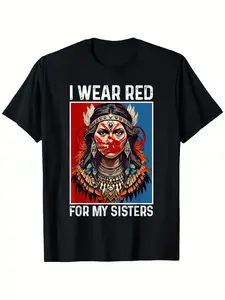 Native American Inspired Cotton T-Shirt, "I Wear Red for My Sister" Print, Casual Crew Neck, Short Sleeve, Regular Fit, Heat Transfer Printed Tee for Dad & Boyfriend