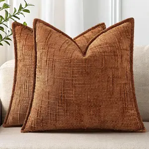 Chenille Throw Pillow Covers 20x20 Set of 2, Soft Textured Slubby Modern Decorative Pillow Covers with Elegant Design for Couch, Sofa, Living Room, Rust