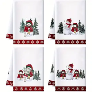 Set of 4 Holiday Snowman Kitchen Towels, Absorbent Polyester Tea Towels with Christmas Tree Design, Perfect for Festive Cooking & Decorations