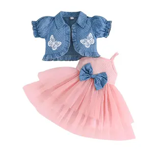Toddler Baby Girl Summer Outfits Tulle Spaghetti Strap Bow A Line Dress with Dot Butterfly Print Short Puff Sleeve Denim Jacket Baby Girl Clothes Set