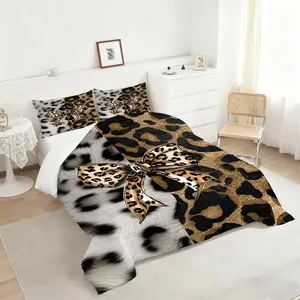 2/3-Piece Leopard Print Fashion Comforter Set, Leopard Print Bow Background Bedding Set, Brown and Black Leopard Print Texture Paired with Light Grey Base Bow Design, Style is Wild Yet Refined, Includes 1 or 2 Pillowcases (Pillow Inserts Not Included).