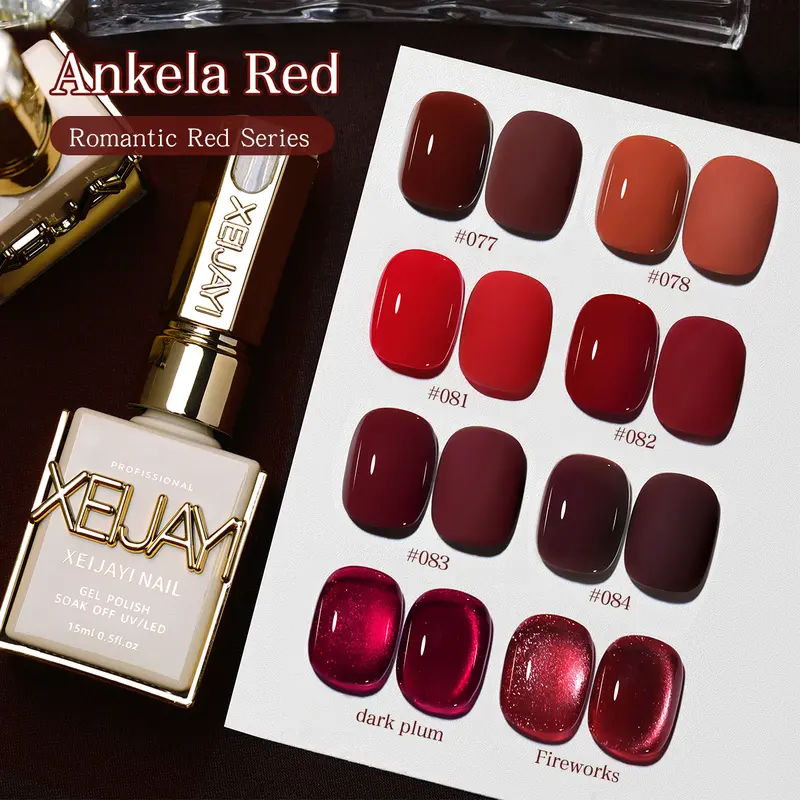 XEIJAYI 8PCS 15ml TPO & HEMA-Free Anchor Red Poly Gel Nail Care Cosmetic Bottle Set, Multiple Shades Quick Soak-Off LED Light High-Saturation Glossy Kit, 24 Months Durability for DIY Manicure & Salon Use