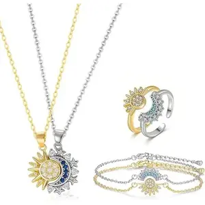 Sun Moon Matching Couple Jewelry Set, Magnetic Sun & Moon Necklace Bracelet Ring Combo, Adjustable Matching Jewelry for Him & Her, Perfect Love Gift for Party & Back to School
