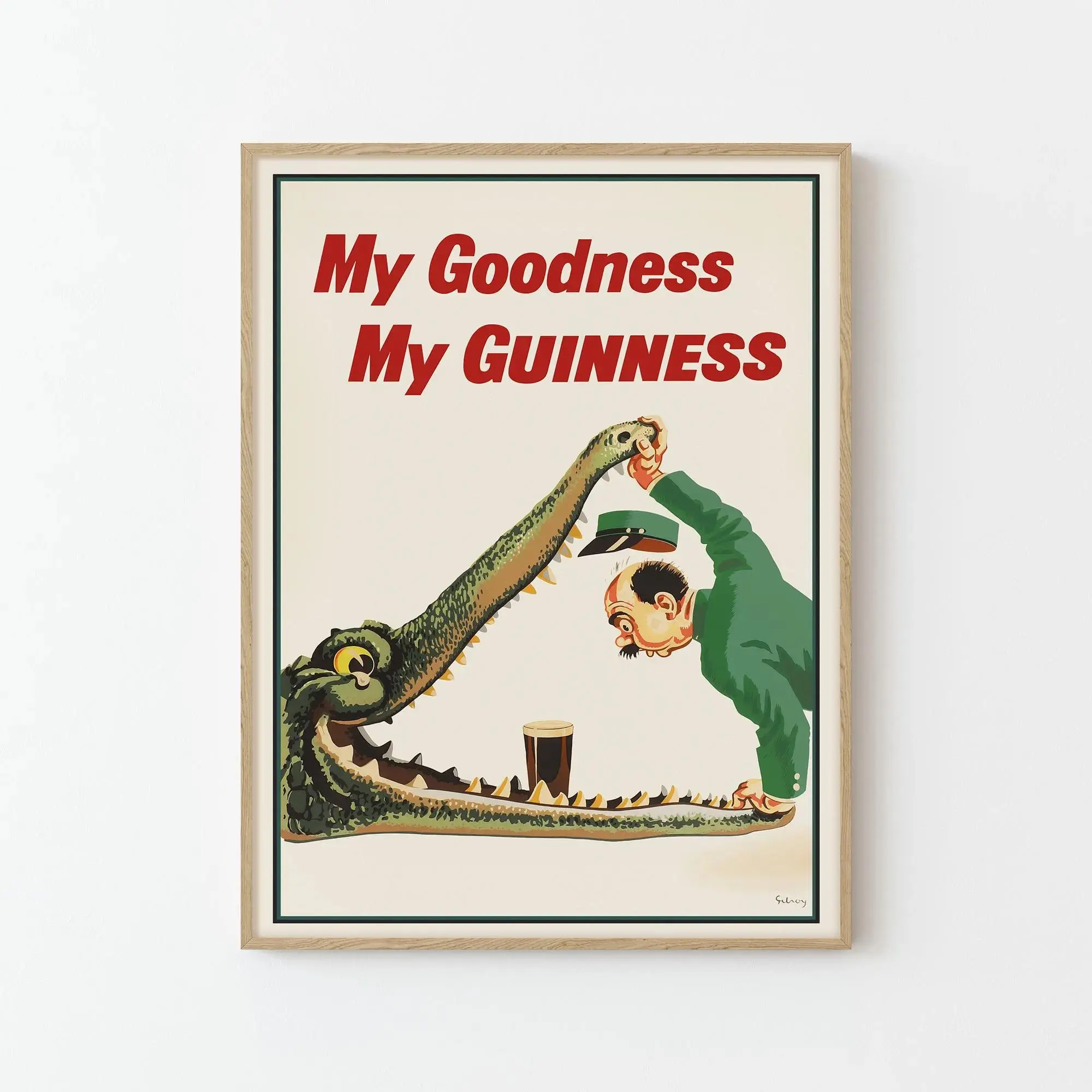 Vintage John Gilroy Guinness Crocodile Poster Print, Retro Irish Beer Ad, 2D Flat Design, Perfect for Home Decor & Wall Art