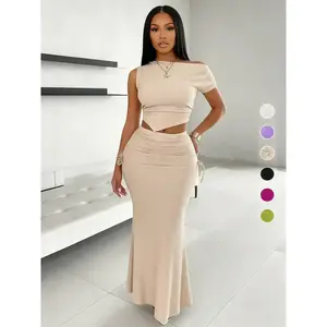 Women's Solid Asymmetrical Neck Hanky Hem Stretchy Crop Top & Ruched Drawstring Mermaid Skirt Set, Elegant Fashion Casual Outfits for Daily Outdoor Wear, Ladies Clothes for Summer