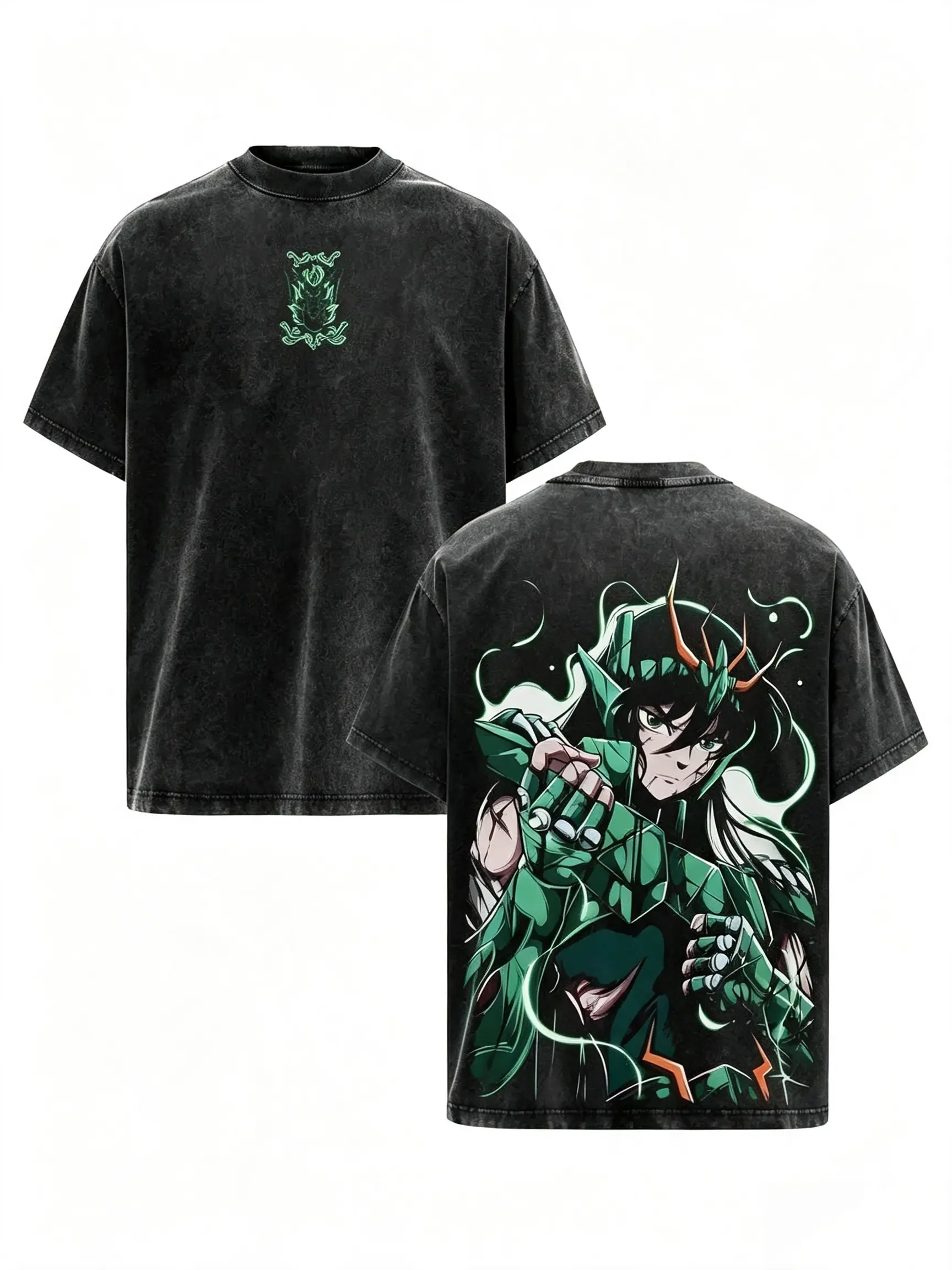 Saint Seiya Dragon Shiryu Vintage Washed T‑Shirt, Front & Back Print Anime Graphic Tee, Men Oversized Streetwear Short Sleeve Shirt，unisex top tee，s day shirt，gift shirt,casual streetwear top funny meme