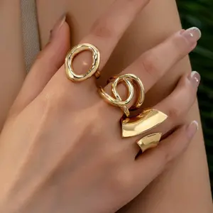 3PCS Punk Geometric Ring Set for Women – Glossy Adjustable Open Rings, Chunky Statement Stackable Jewelry