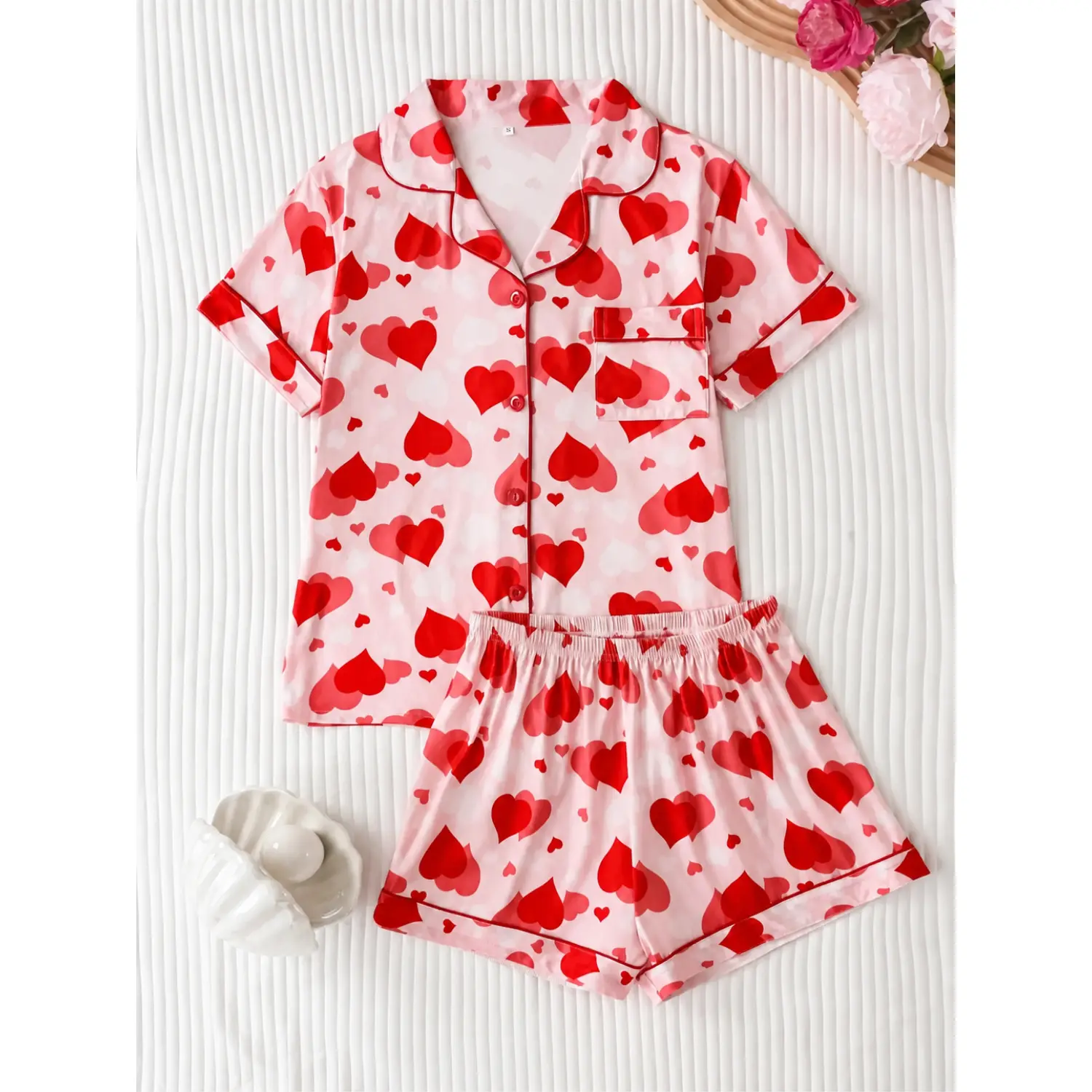 Valentine's Heart Print Women's Pajama Set - Cute Short Sleeve Top & Comfy Loose Shorts, All-Season Loungewear