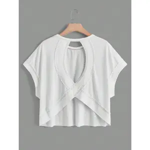 Women’s Cut-Out Back Batwing Sleeve T‑Shirt — Trendy Oversized Top, Elegant White Casual Classic Style, Polyester, Short Sleeves