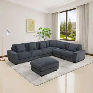 Dark Grey Corduroy 7-Piece Living Room Sofa Set